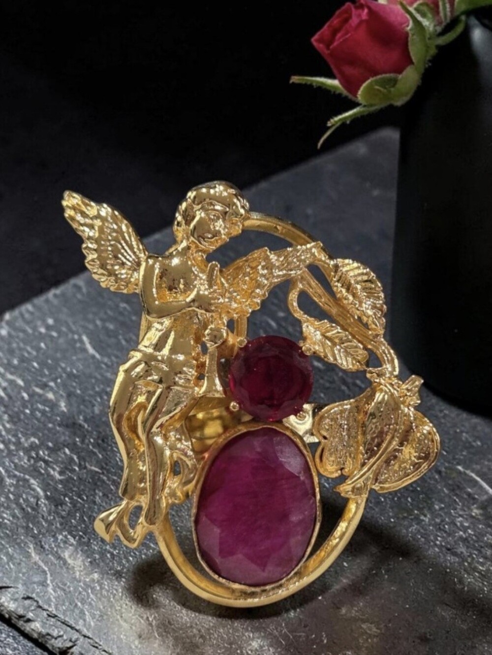 Huge 18k Gold Plated Turkish Artisan Romantic Cherub Genuine Ruby Statement Ring